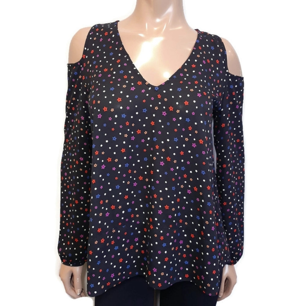 DESIGN LAB Cold Shoulder Top Star Print Long Sleeve Blouse Black Vneck Small